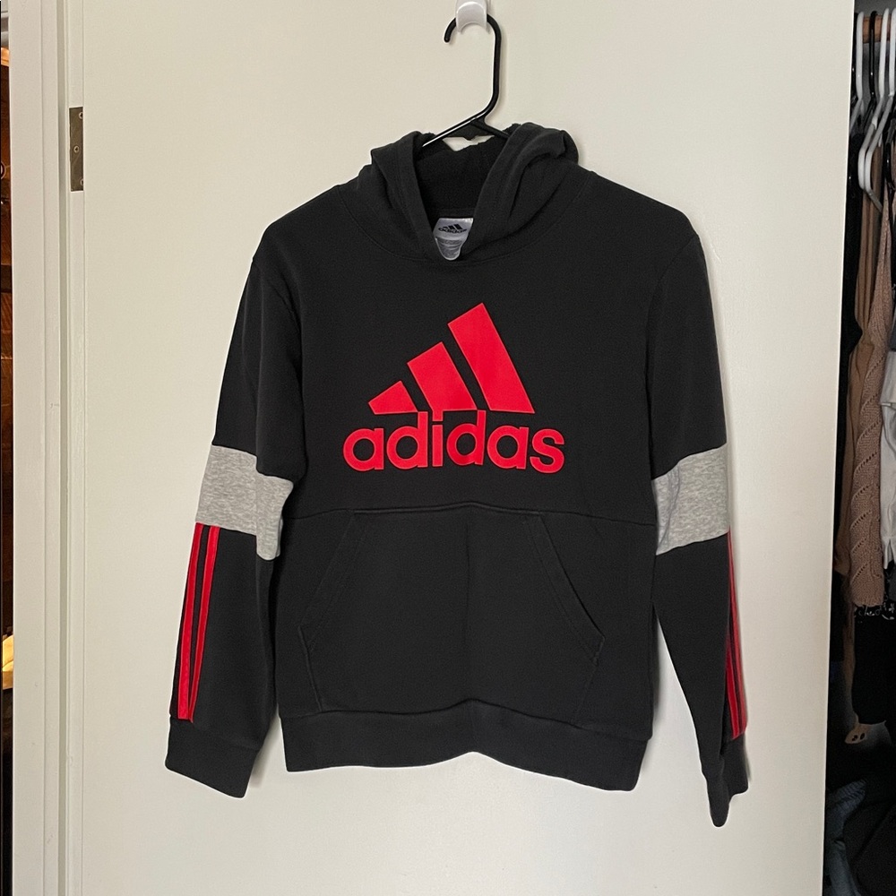 Adidas Black Hoodie with Red Logo and Gray Stripes